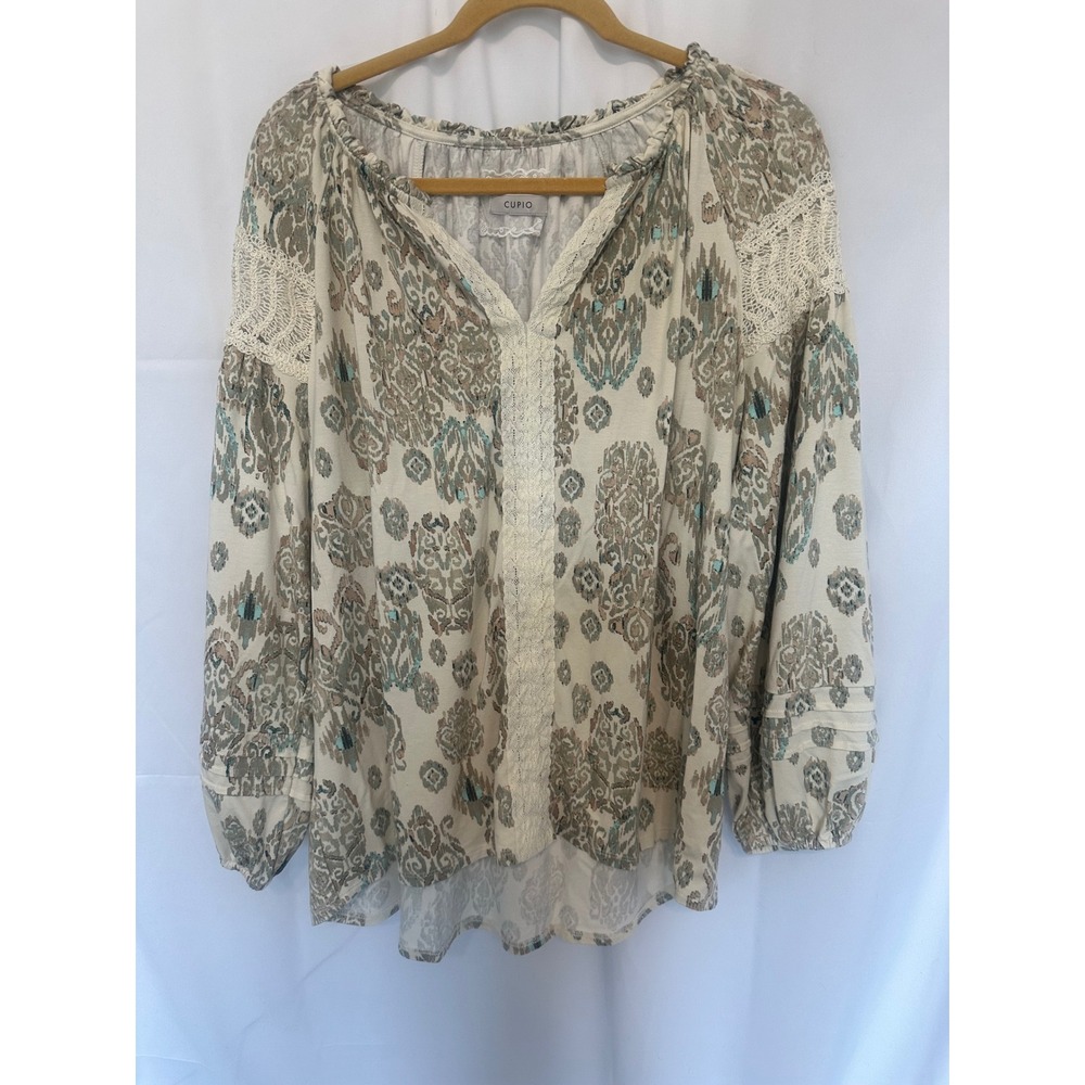 Cupio Womens Long Sleeve Boho Ikat Damask Print Lace Trim Blouse Top Cream